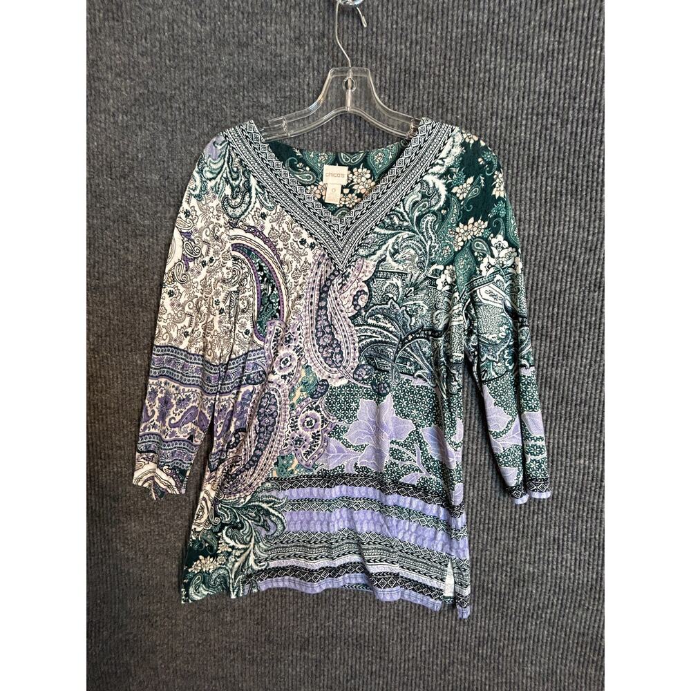 Chico's Women's Top 0 (S) V-Neck 3/4 Sleeve Green Purple Paisley Rayon Stretch